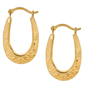 10k Yellow Gold Shiny Swirl Design Oval Hoop Earrings, Length 20mm