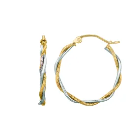 14K Yellow And White Gold Twisted Hoop Earrings, Diameter 25mm