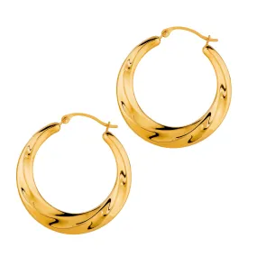 14K Yellow Gold Shiny Textured Round Hoop Earrings, Diameter 25mm