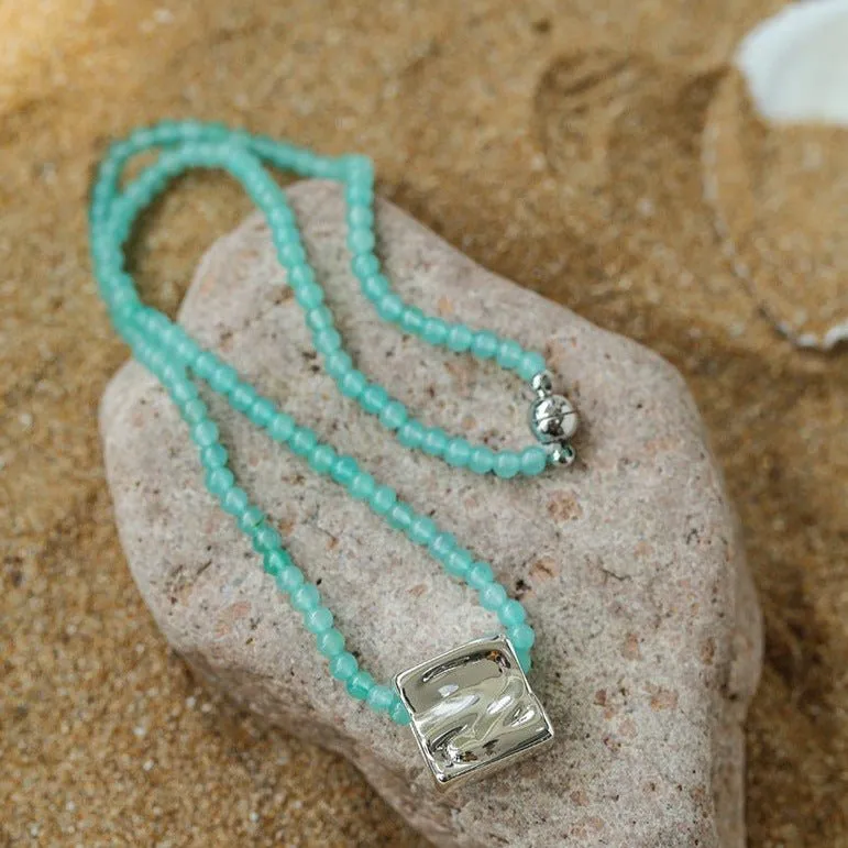 Amazonite Beaded Square Pendant Necklace