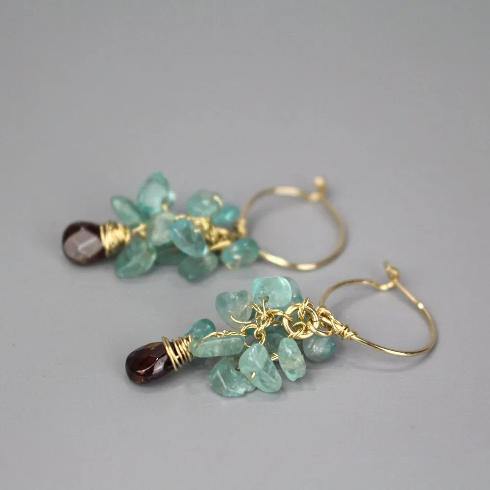 Apatite Garnet Cluster Hoop Earrings