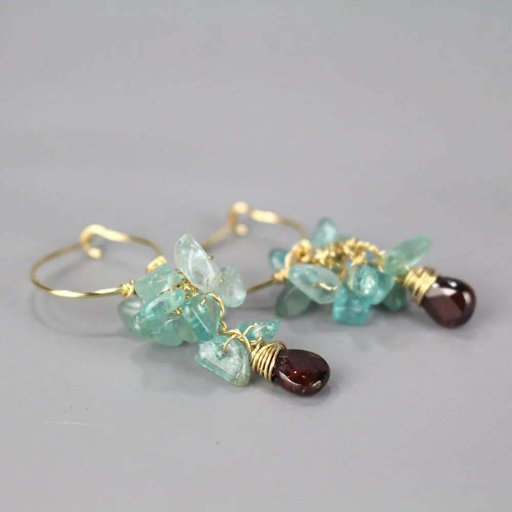 Apatite Garnet Cluster Hoop Earrings