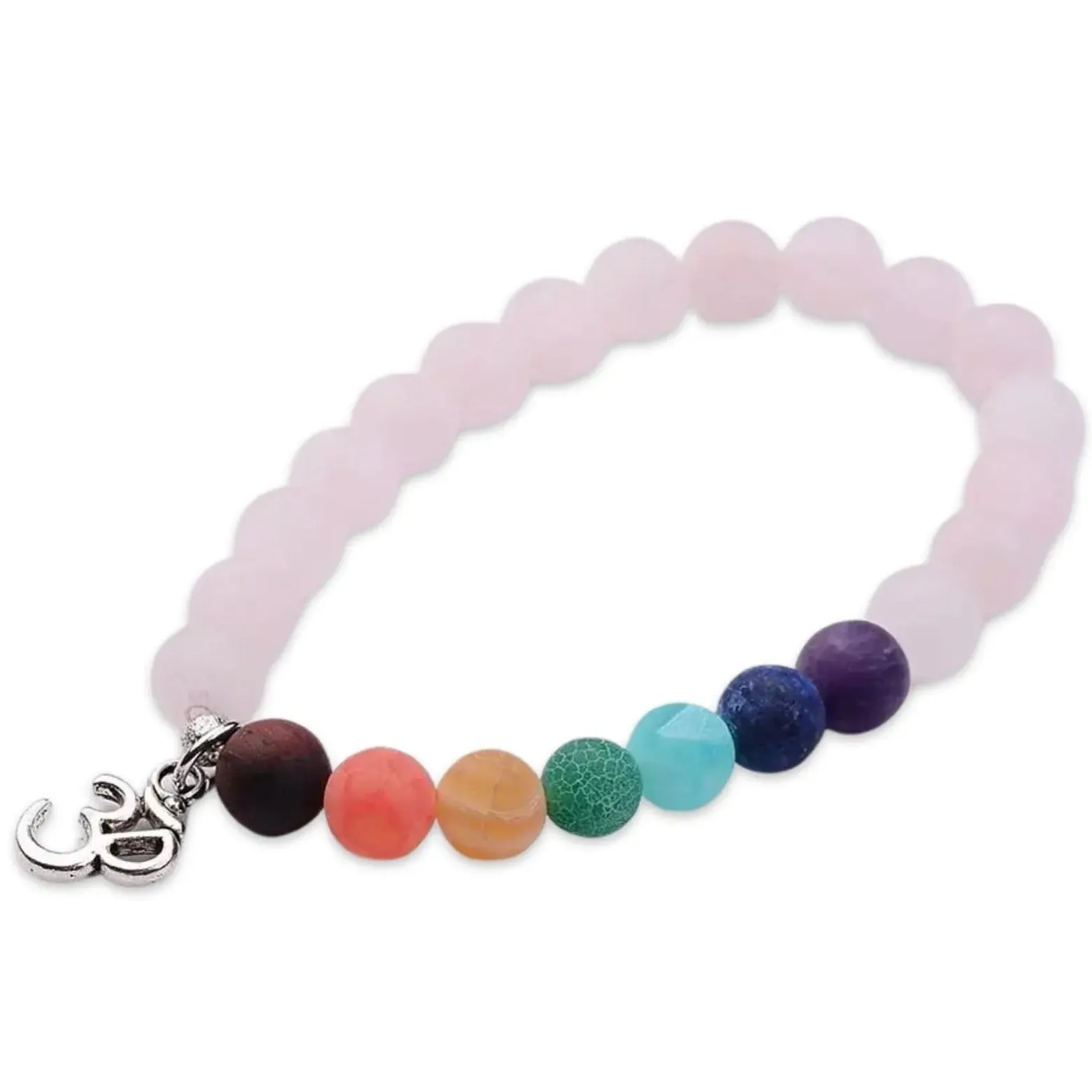 Bracelet - Rose Quartz & 7 Chakras with Om Charm - 8mm