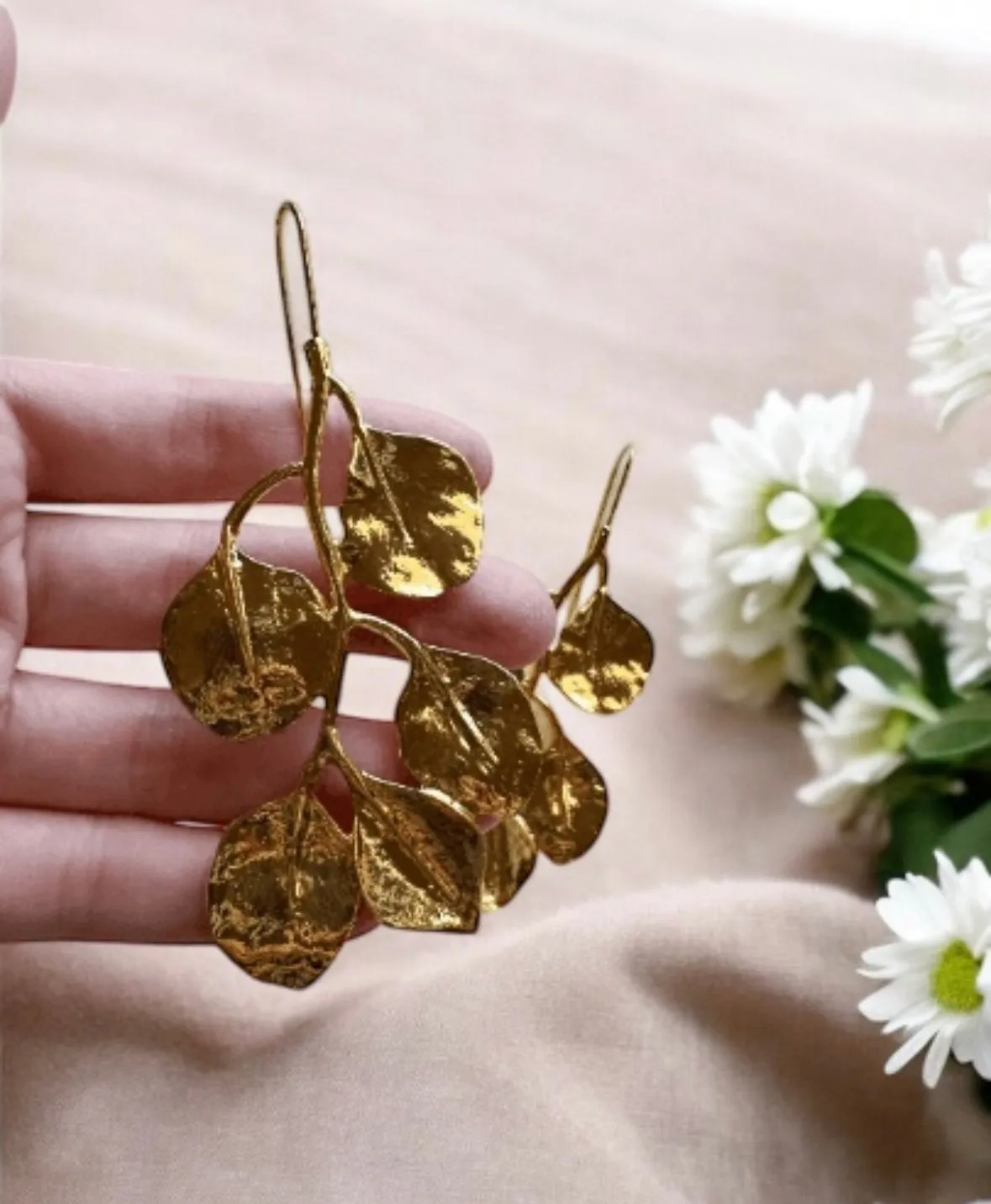 Floral - fallen leaf Flower Gold statement earrings | dangly drop earrings | floral geometric earrings | Korean earrings In