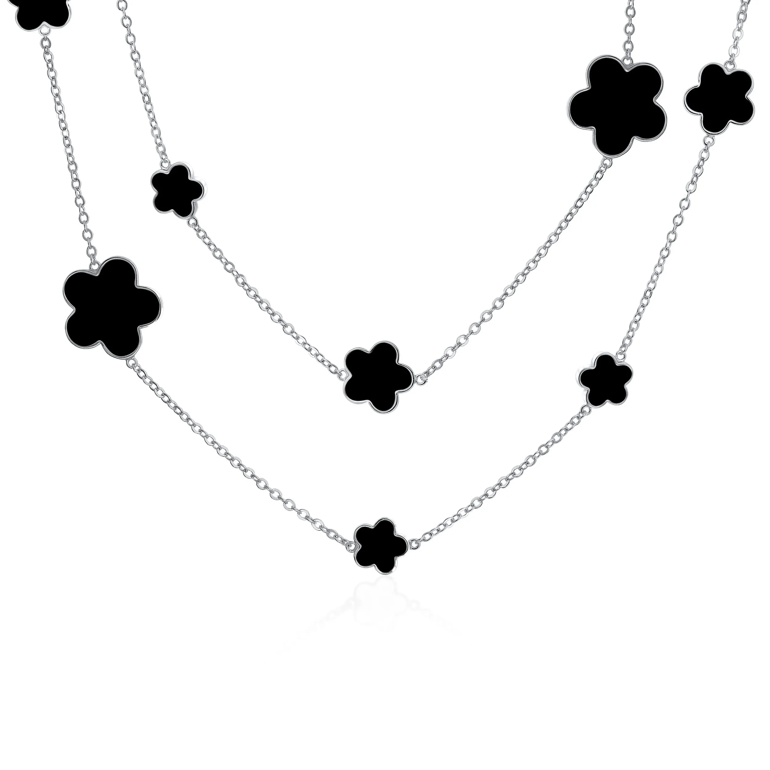 Flower Long Station Tin Cup Chain Layer Black Enamel Clover Necklace