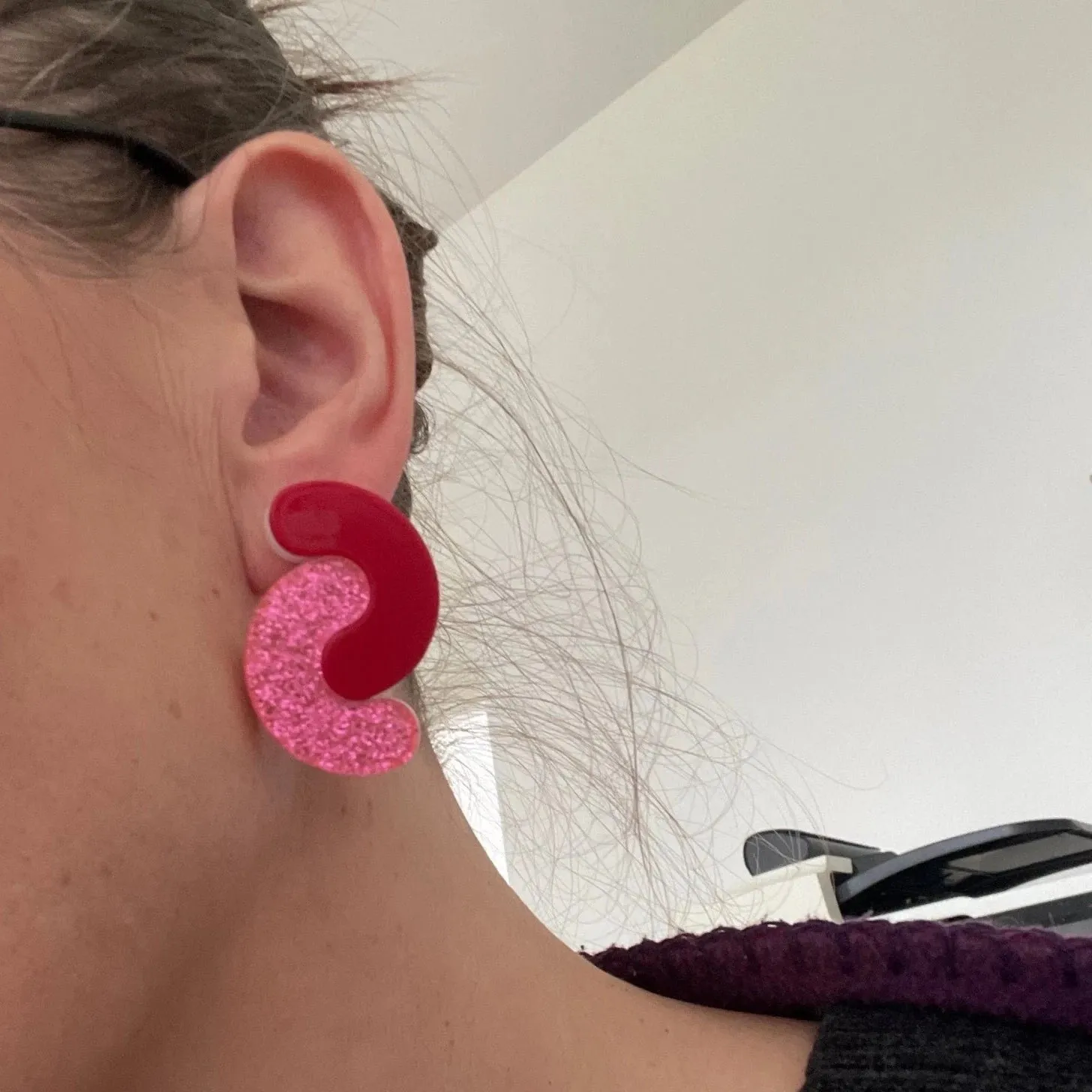 Geometric Red and Glitter Pink Resin Stud Earrings