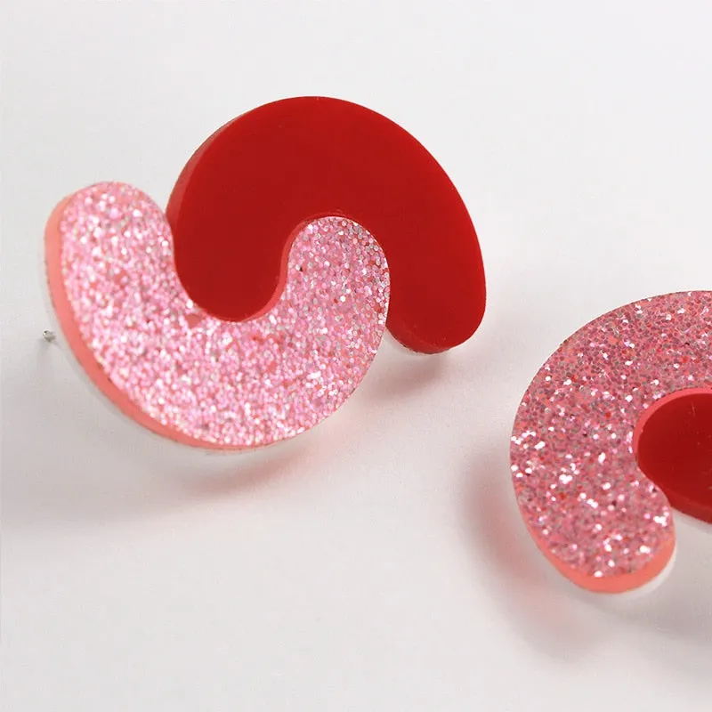 Geometric Red and Glitter Pink Resin Stud Earrings