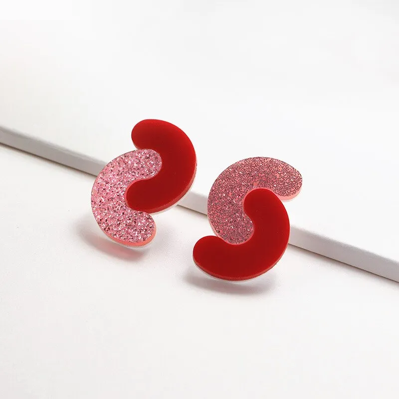 Geometric Red and Glitter Pink Resin Stud Earrings