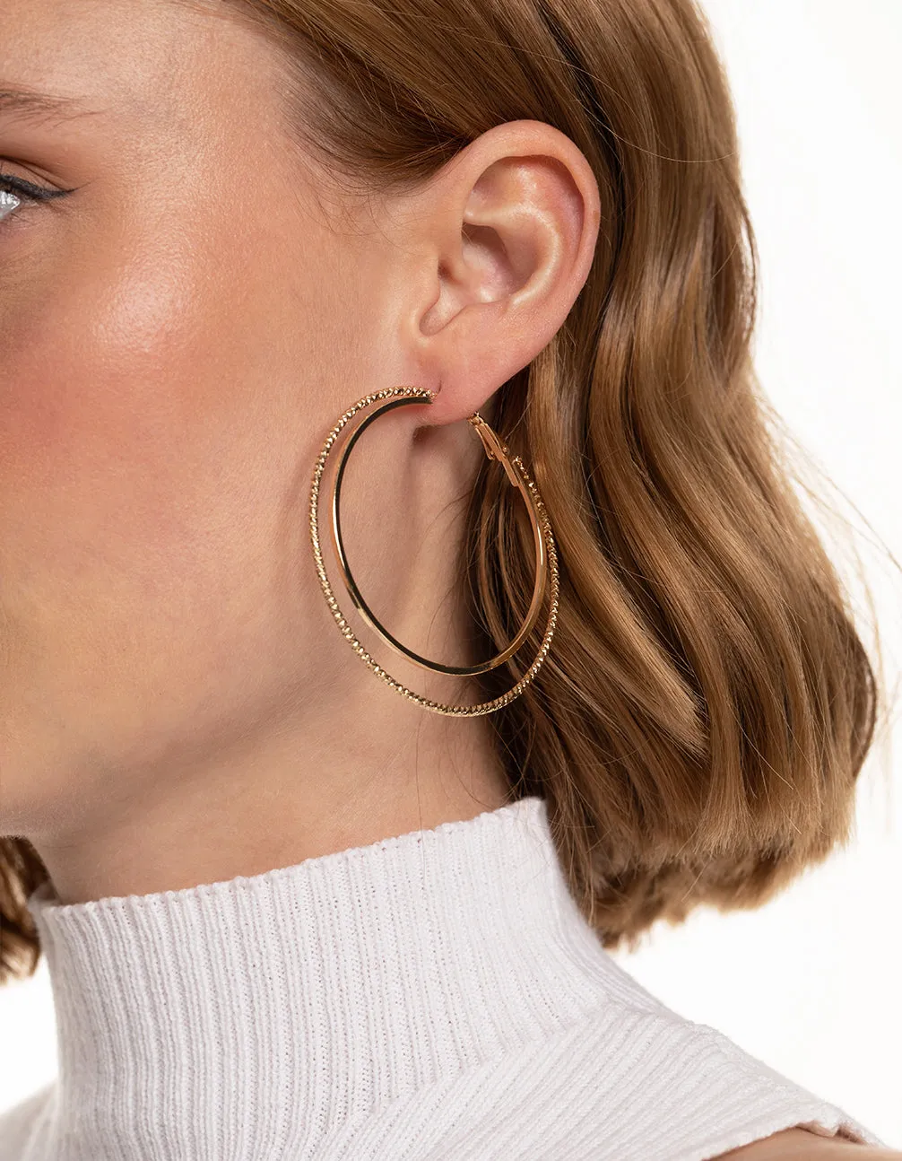 Gold Large Double Textured Hoop Earrings