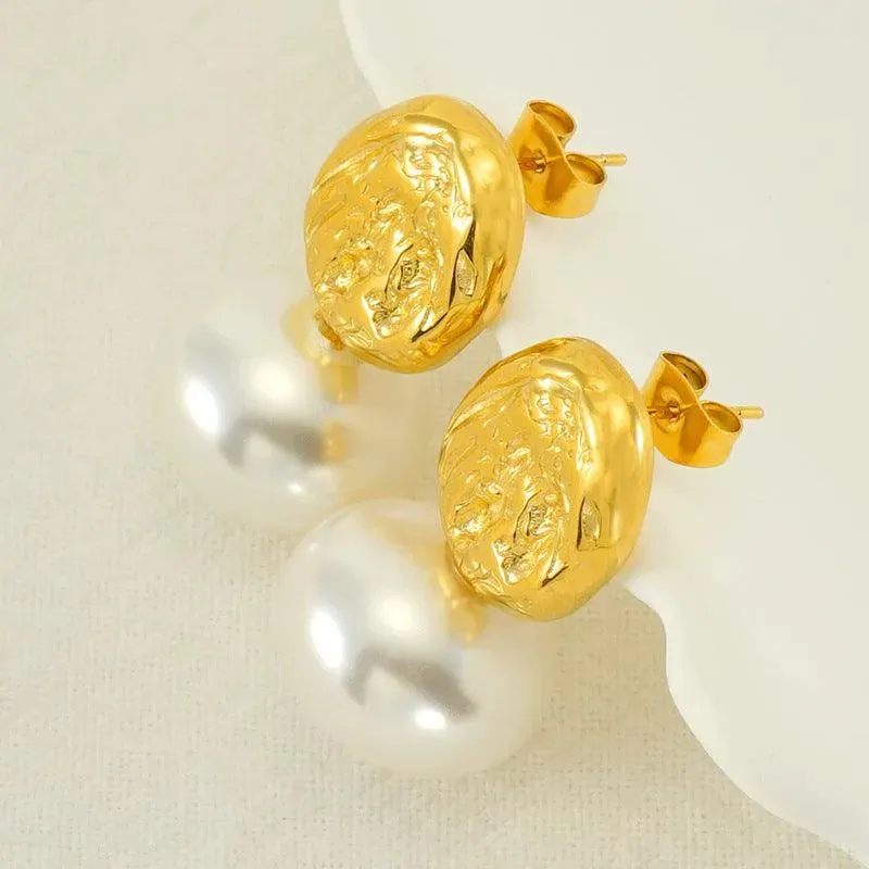 Gold-Plated Geometric Simulated Pearl Drop Earrings – Trendy Fashion Earrings