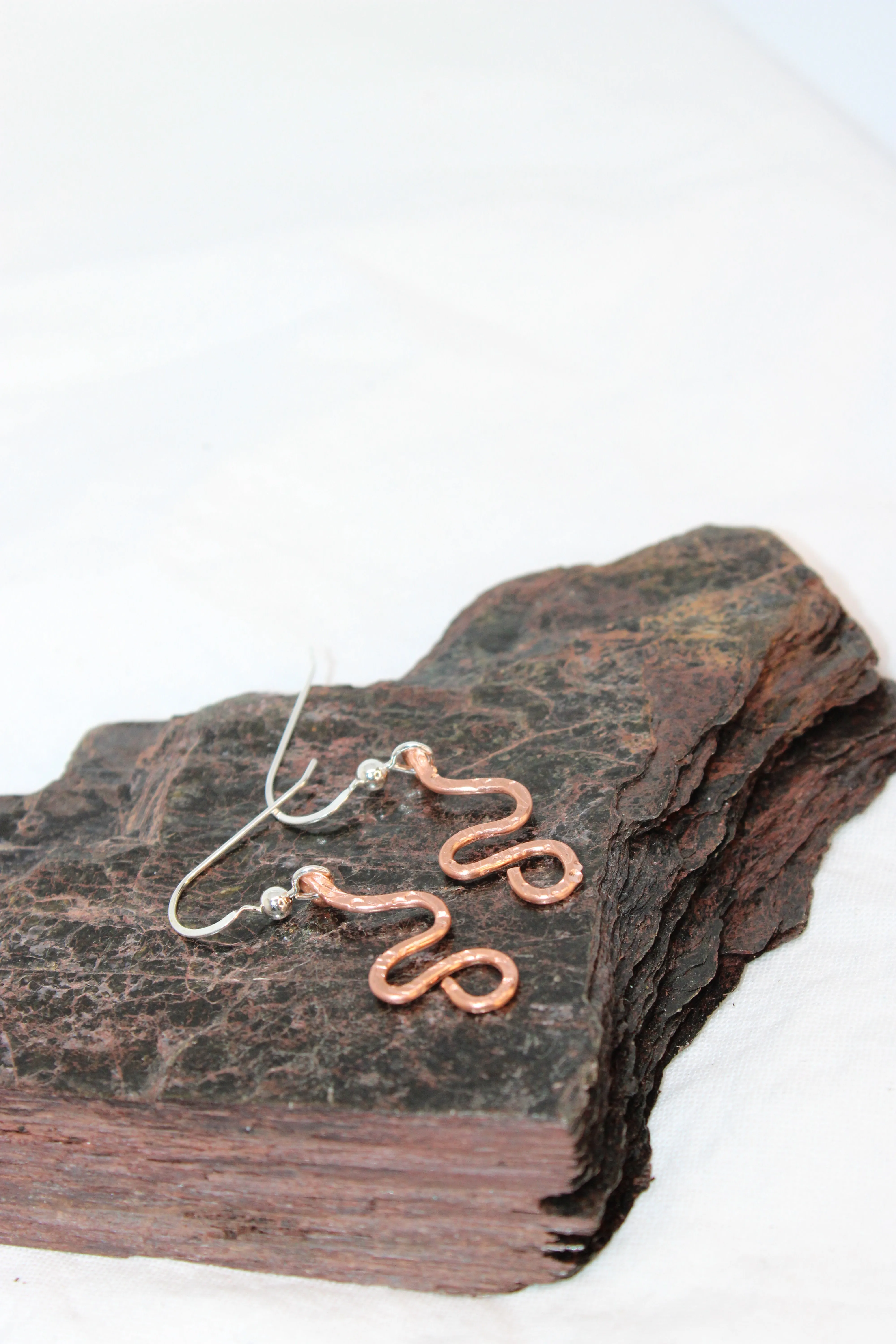 Hammered and Stamped Copper Geometric Spiral Earrings