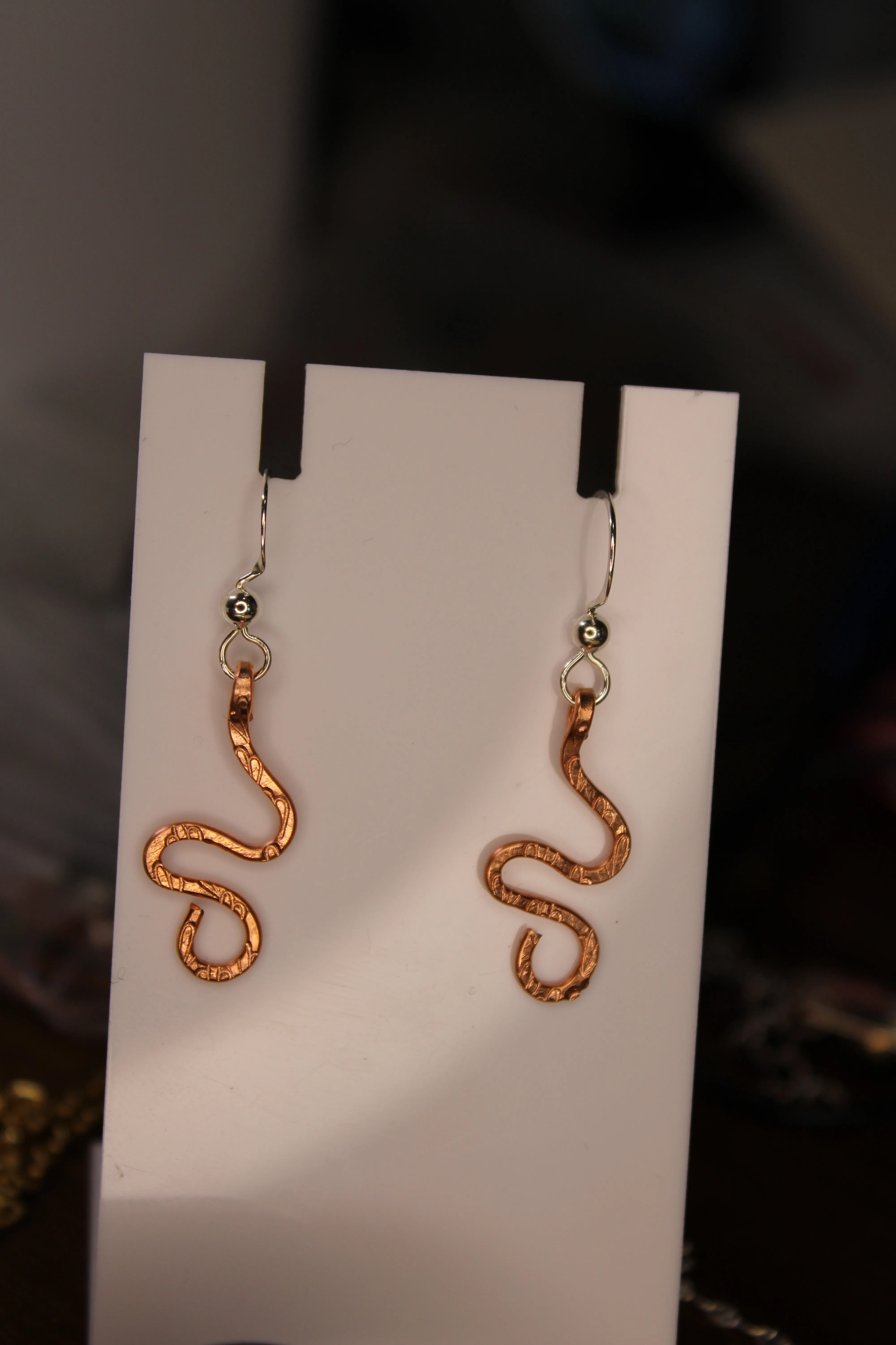 Hammered and Stamped Copper Geometric Spiral Earrings