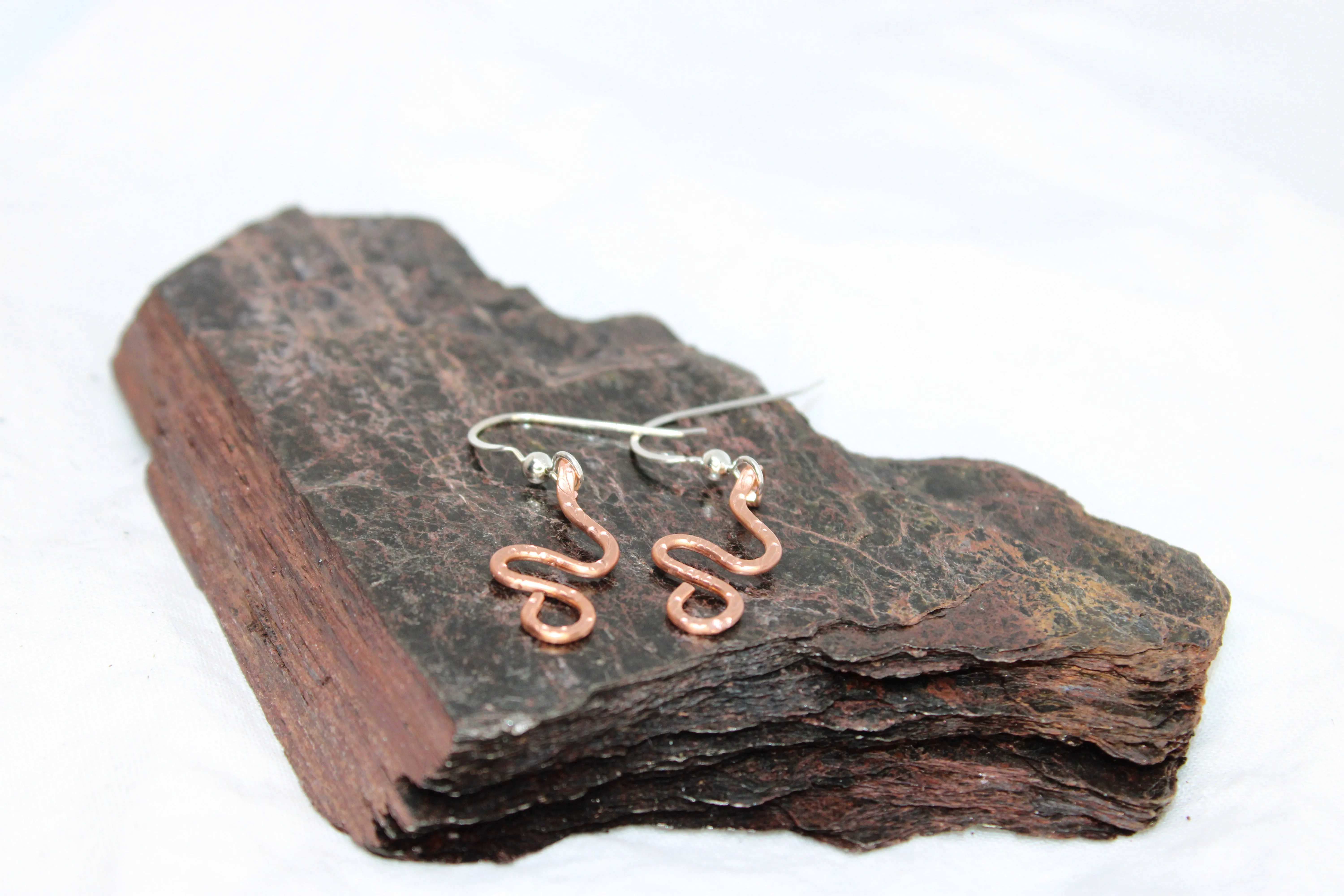 Hammered and Stamped Copper Geometric Spiral Earrings