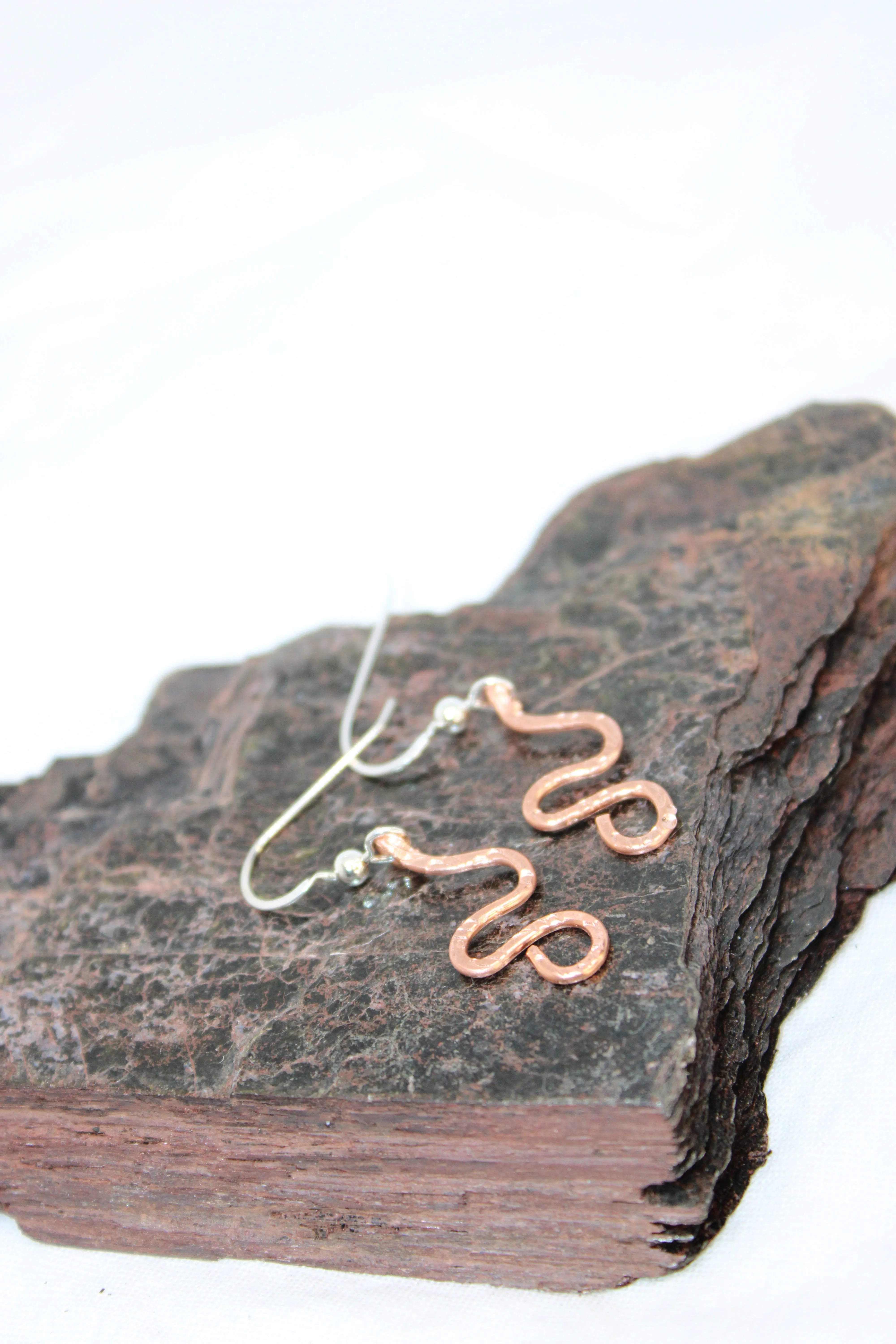 Hammered and Stamped Copper Geometric Spiral Earrings