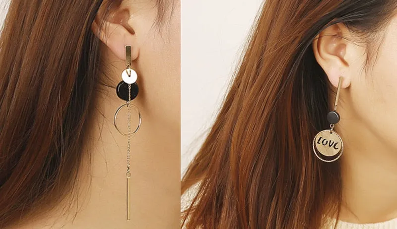 Long Slope Geometric asymmetry Rhinestone circle earrings