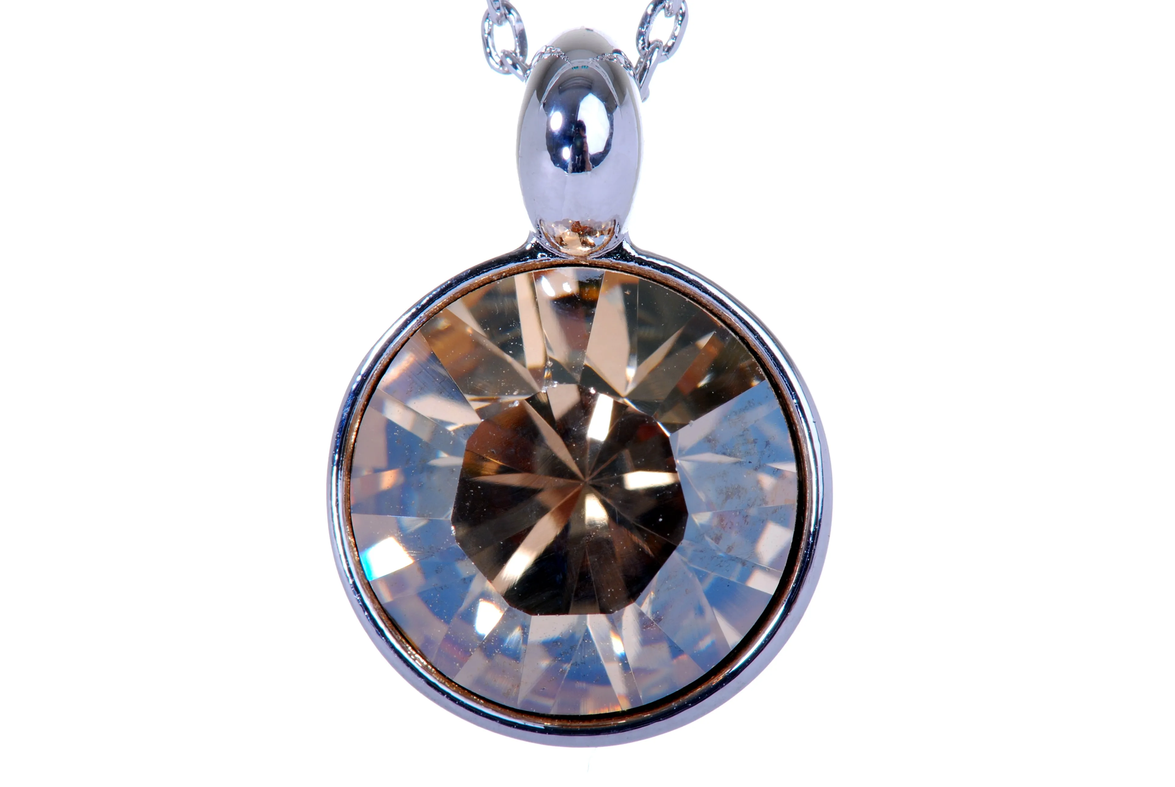 N7170 Brilliant Round Champagne Swarovski Crystal Elements Rhodium Plated Pendant Necklace