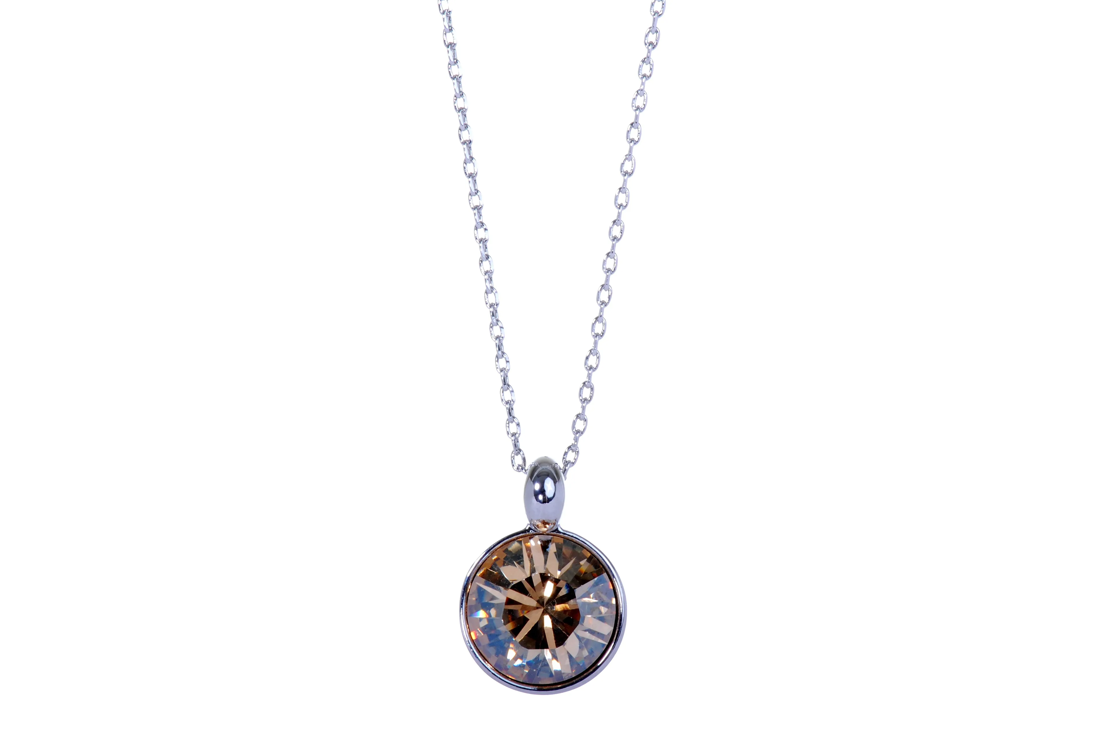 N7170 Brilliant Round Champagne Swarovski Crystal Elements Rhodium Plated Pendant Necklace