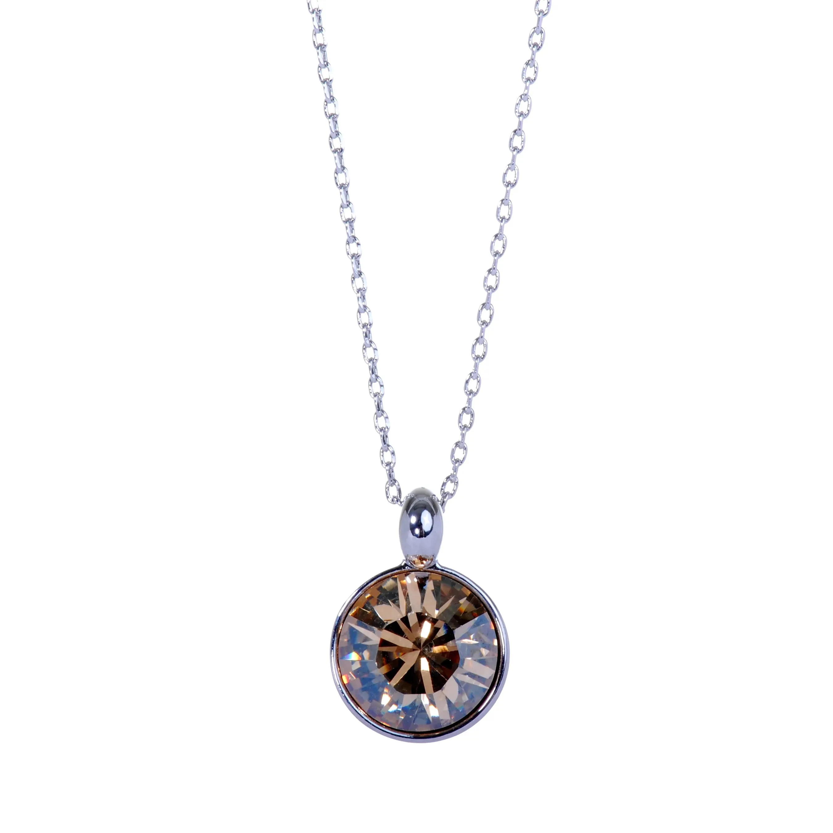 N7170 Brilliant Round Champagne Swarovski Crystal Elements Rhodium Plated Pendant Necklace