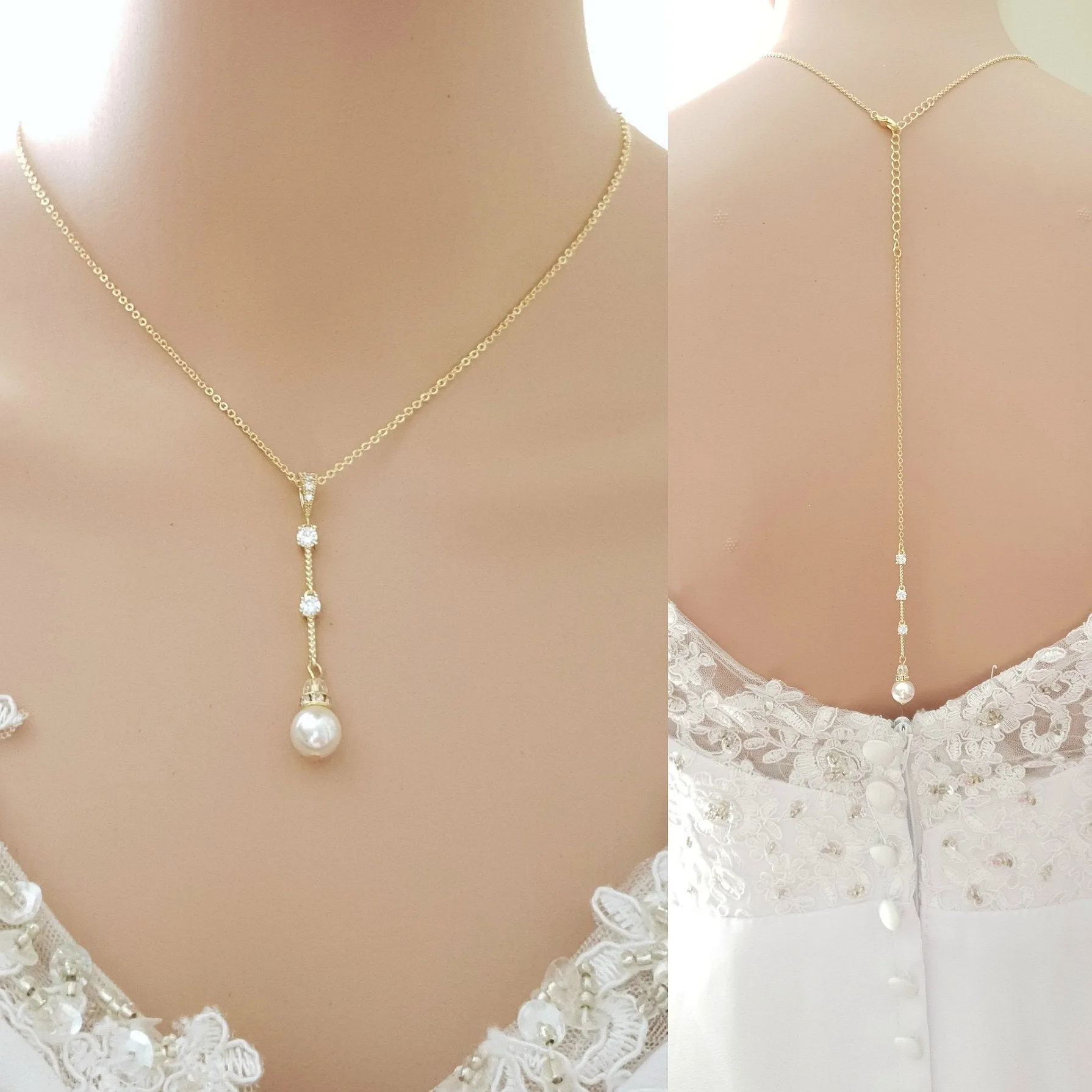 Simple Drop Back Bridal Necklace Silver- Ginger