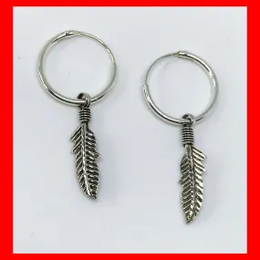 Small Sterling Silver Hoop Earrings with Feather Charm