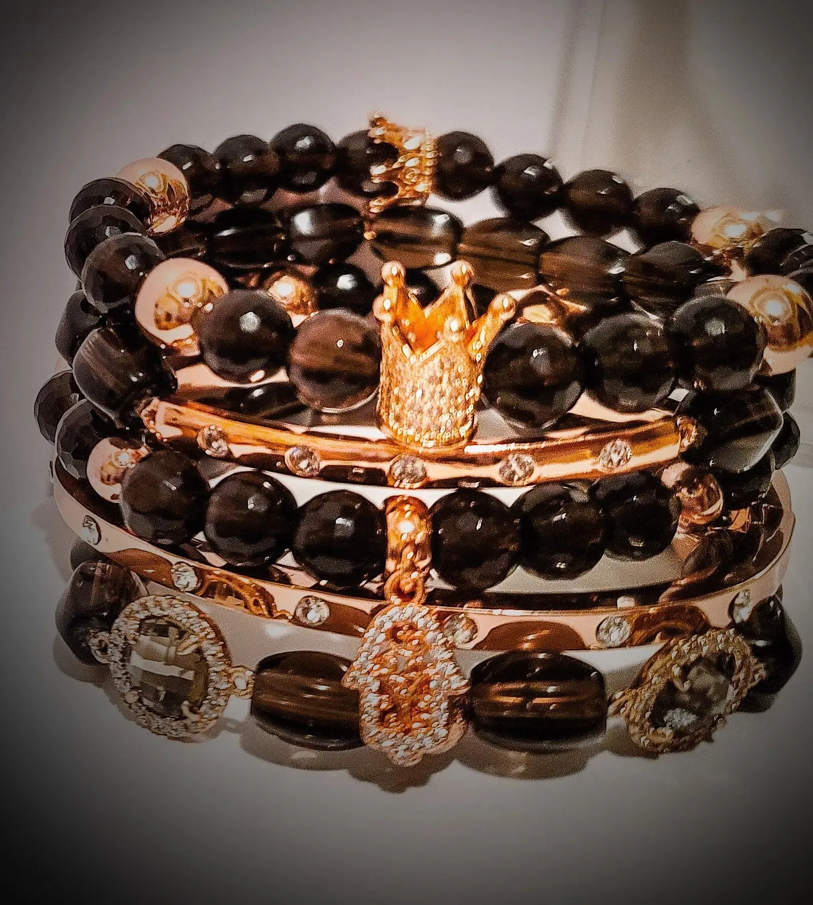 Stacked "Rose" Smoky Quartz Crown Bracelet set