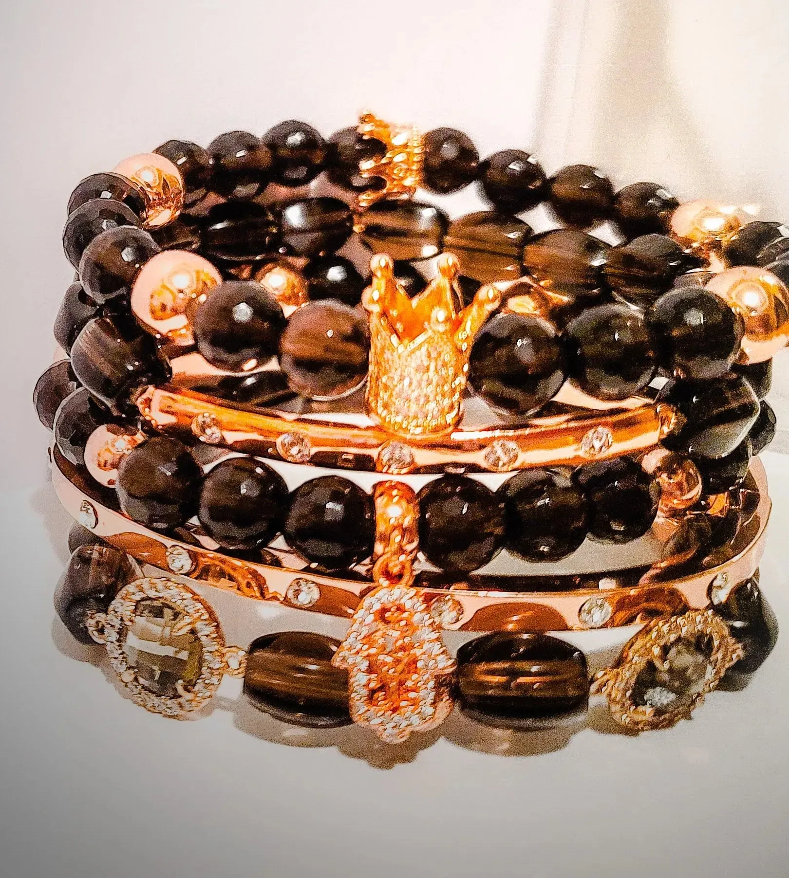 Stacked "Rose" Smoky Quartz Crown Bracelet set