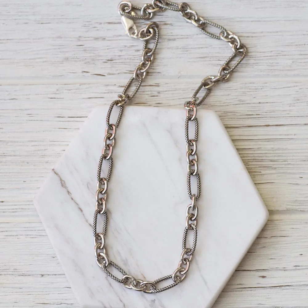 Sterling Silver Smooth and Textured Link Heavy Chain Necklace