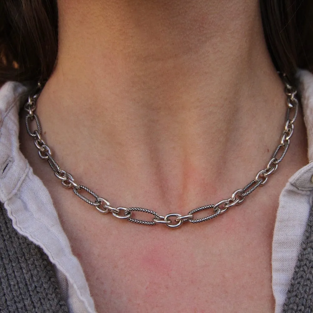 Sterling Silver Smooth and Textured Link Heavy Chain Necklace