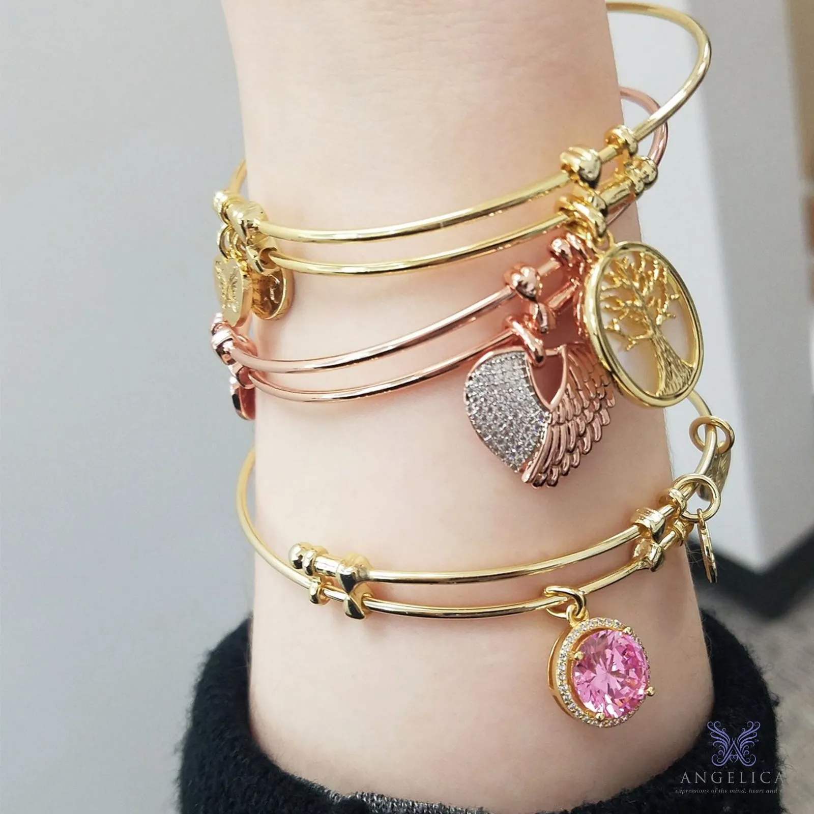 Stipple Finish Brass Love With Rose  Angelica Bangle Bracelet, 7.25"