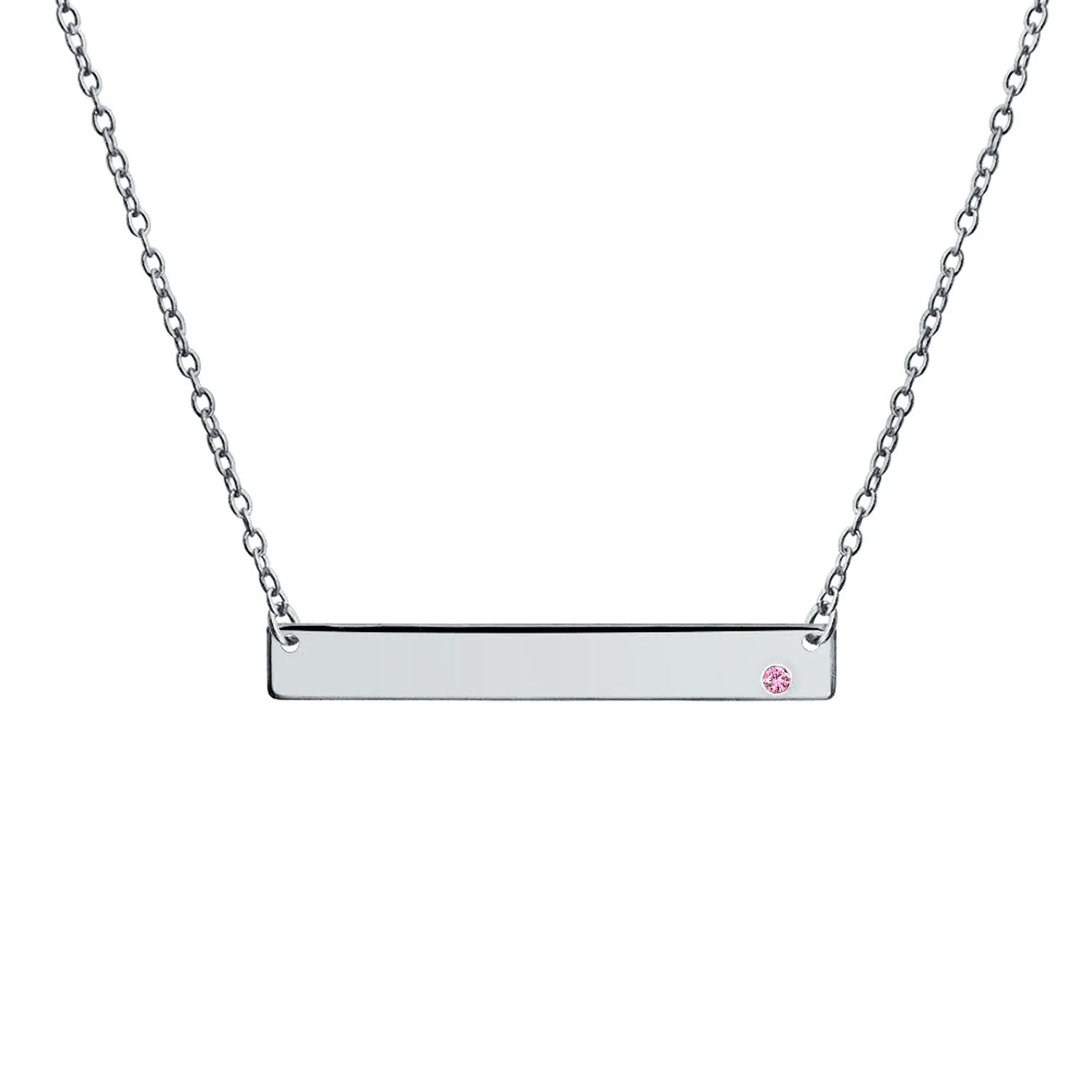 Thin Sideways Bar Name Plate Pendant Necklace with Birth Month Crystal Silver