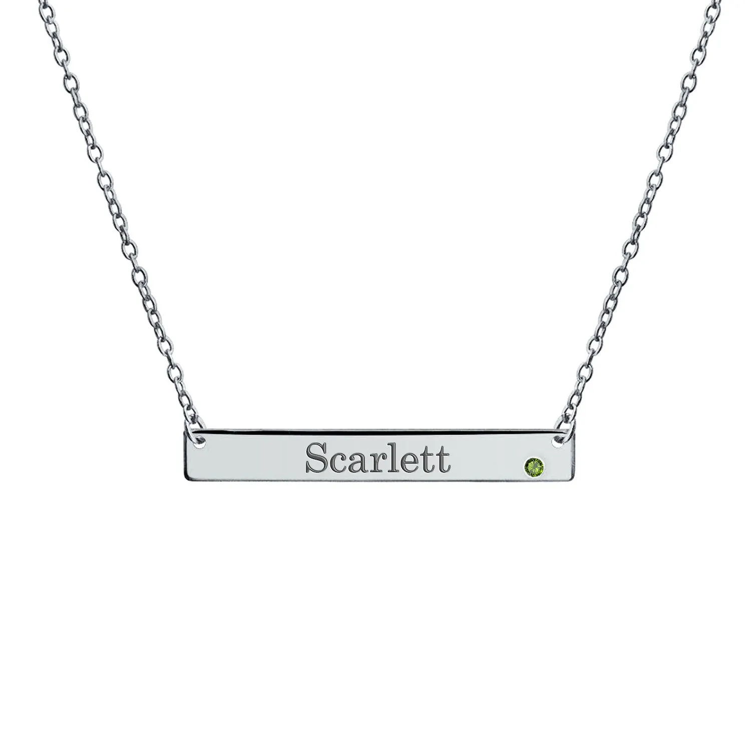 Thin Sideways Bar Name Plate Pendant Necklace with Birth Month Crystal Silver