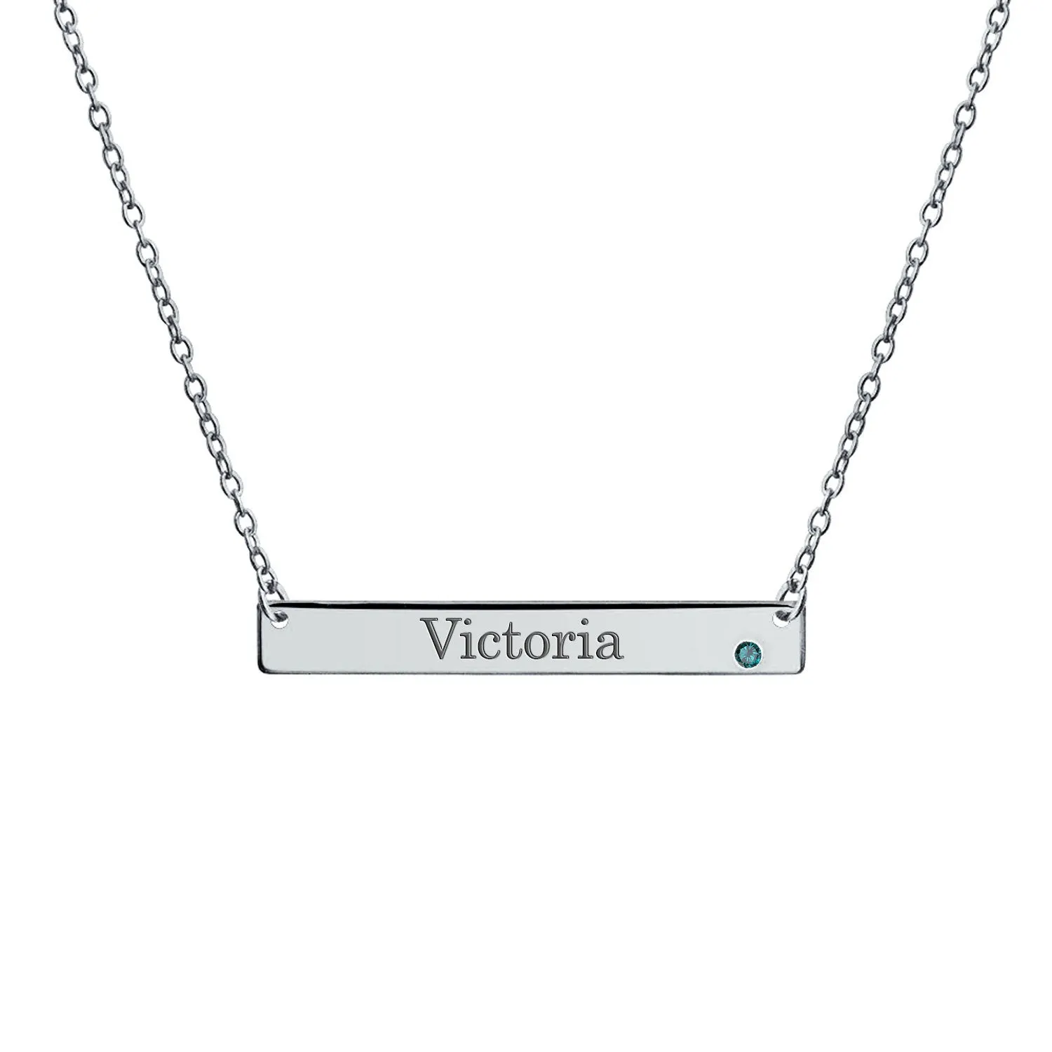 Thin Sideways Bar Name Plate Pendant Necklace with Birth Month Crystal Silver