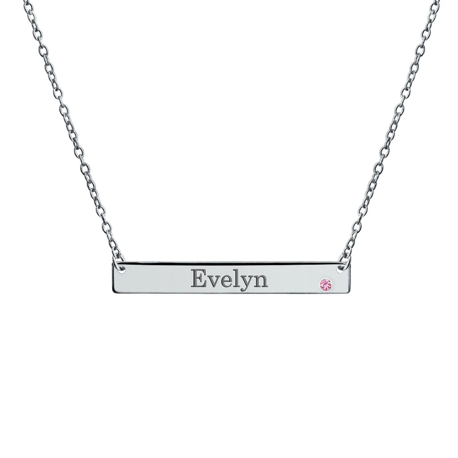 Thin Sideways Bar Name Plate Pendant Necklace with Birth Month Crystal Silver