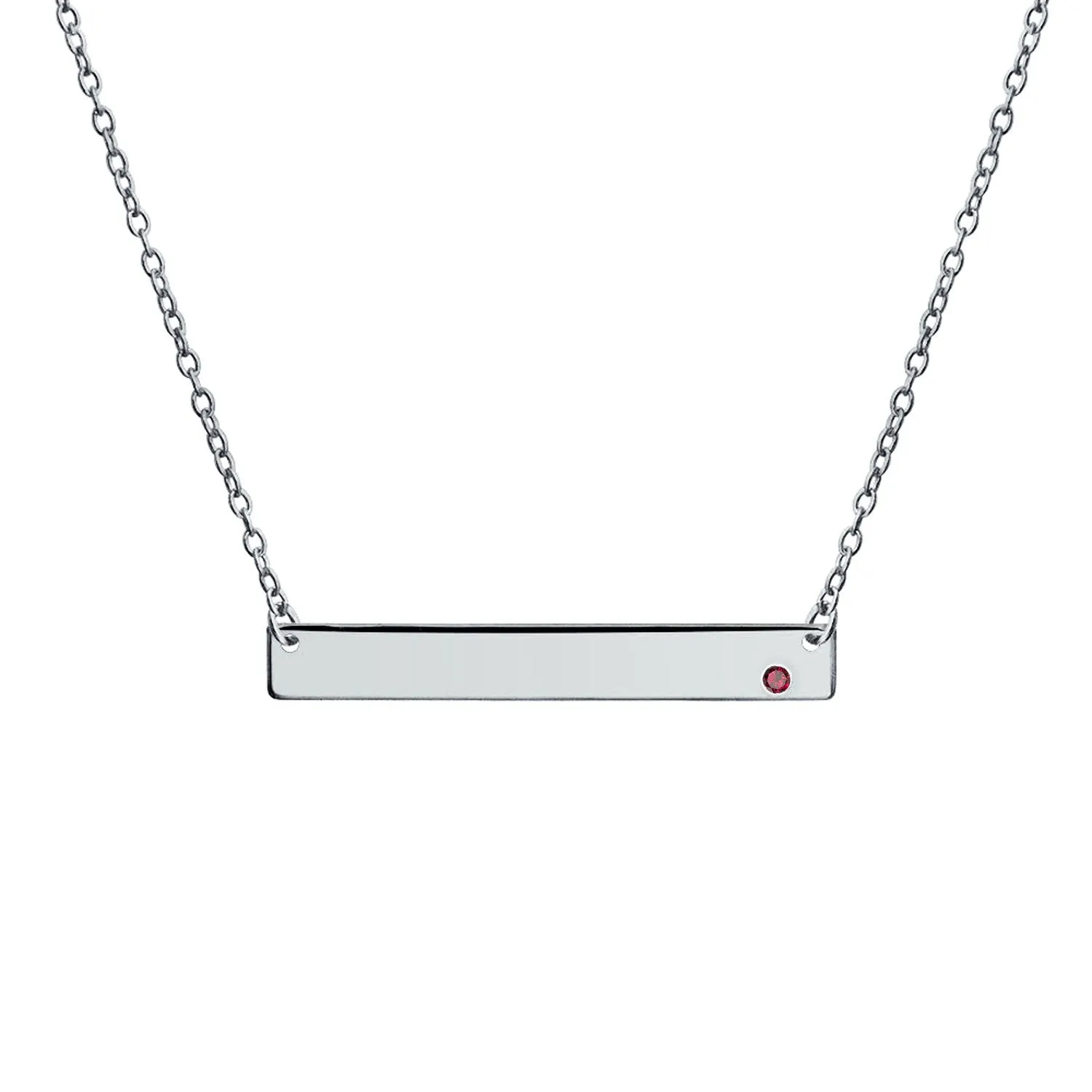 Thin Sideways Bar Name Plate Pendant Necklace with Birth Month Crystal Silver