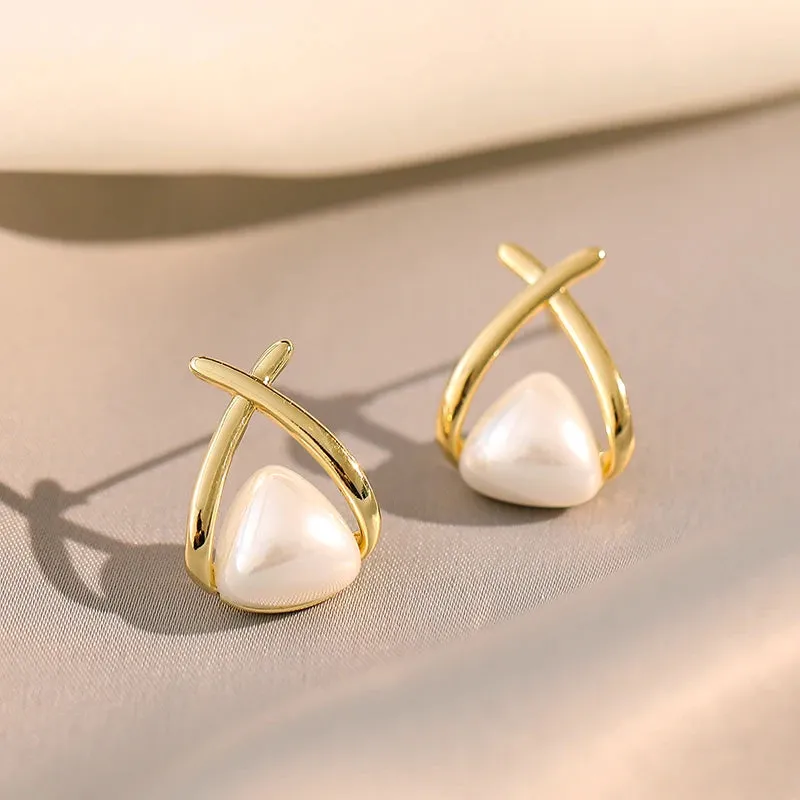 VAIGE Geometric Cross Triangle Pearl Drop Earrings - Charming Copper Alloy Fashion Jewelry Accessory