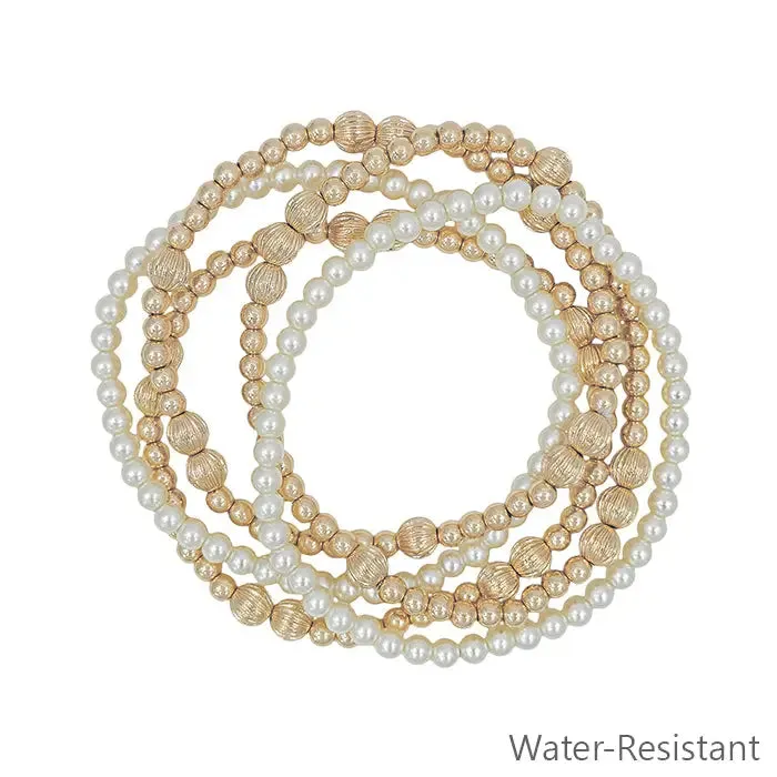 Water Resistant Gold Textured Beaded and Pearl Set of 5 Stretch Bracelets