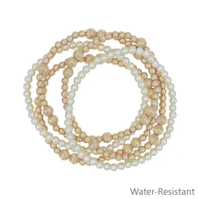 Water Resistant Gold Textured Beaded and Pearl Set of 5 Stretch Bracelets